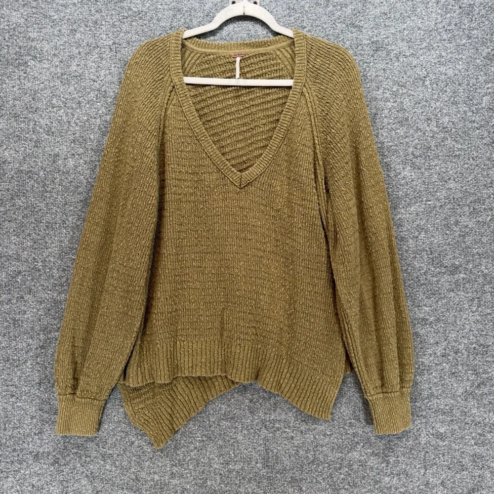 Free People Sweater Womens Medium Green V-Neck Chunky Knit Oversized Boho